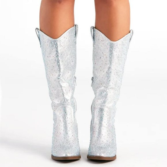 New Silver Blingy Rhinestone Knee High Cowboy Boots - Picture 6 of 6